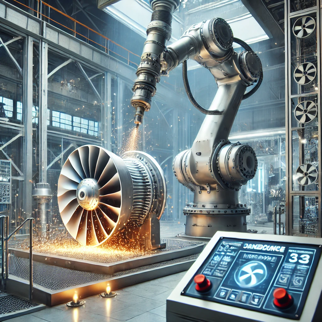 DALL·E 2025 03 18 18.25.17 A high tech industrial setting showing the manufacturing of turbine blades. Robotic arms are working on metal compressor blades with sparks flying fr