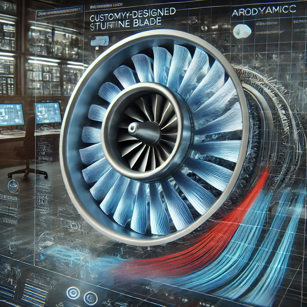 DALL·E 2025 03 18 18.25.19 A futuristic 3D rendering of a custom designed turbine blade with aerodynamic simulations overlaid. The blade is displayed in a semi transparent view