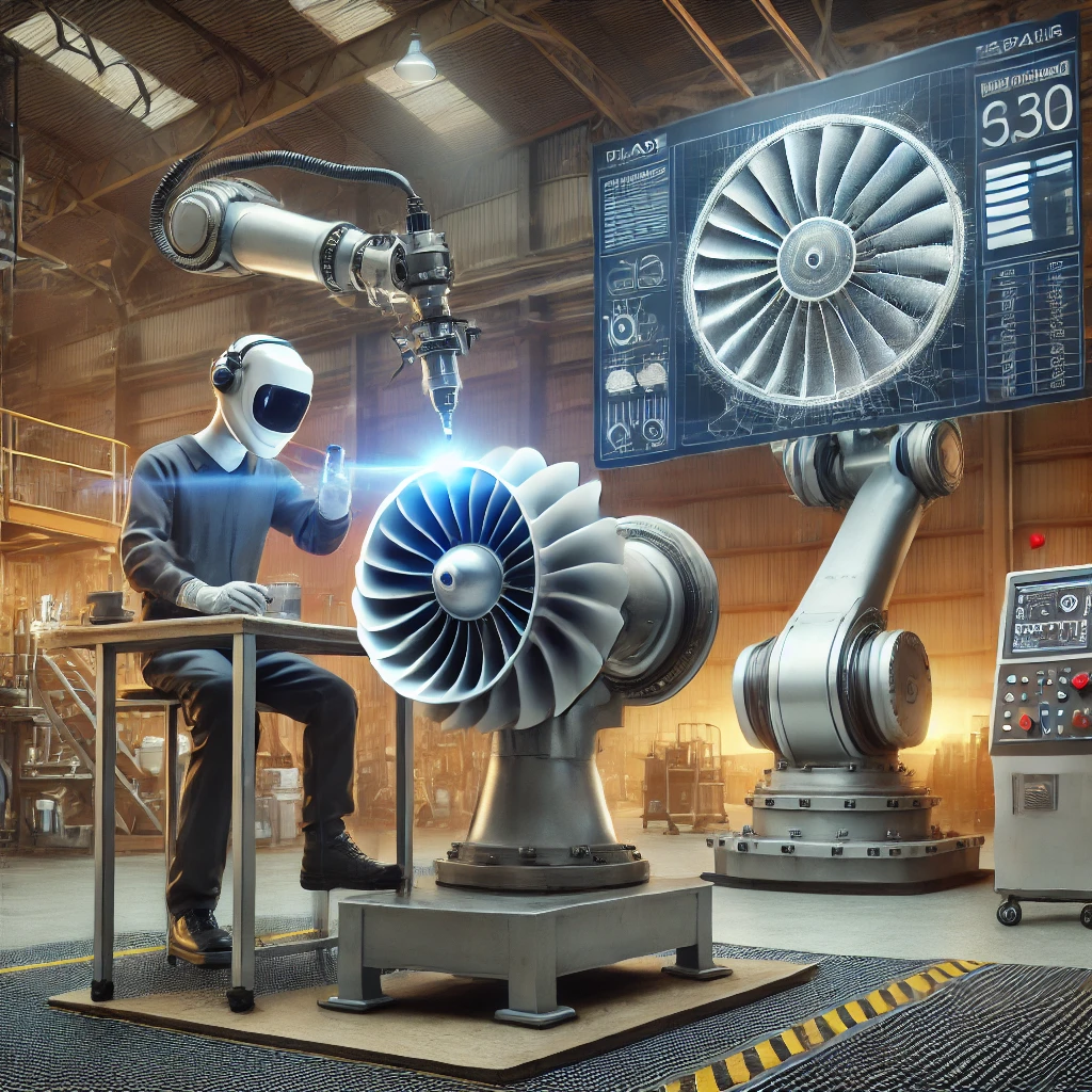 DALL·E 2025 03 18 18.25.56 A technician performing laser welding on a turbine blade with a robotic arm assisting in precision repair. The background features an inspection area