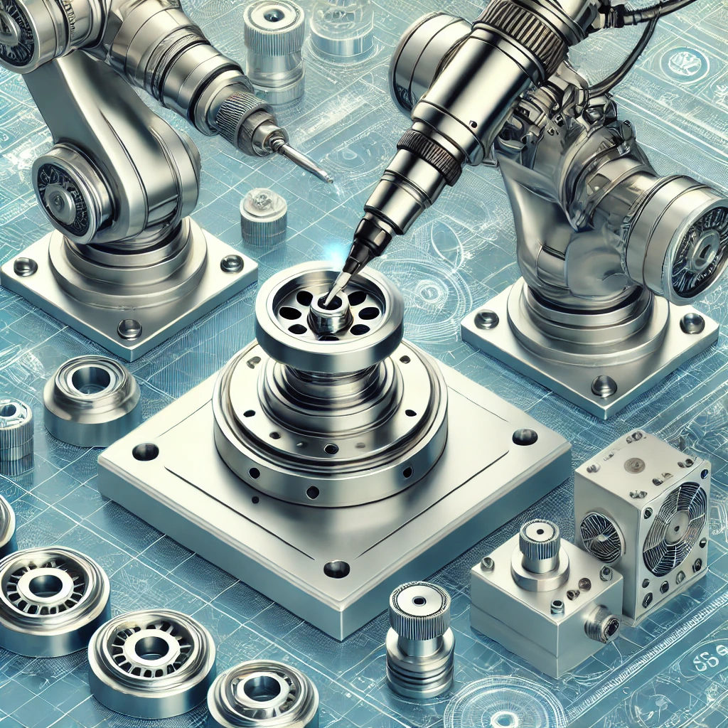 DALL·E 2025 03 20 10.07.28 A detailed industrial illustration of metal components undergoing polishing and deburring. The image features robotic polishing machines giving a mirr