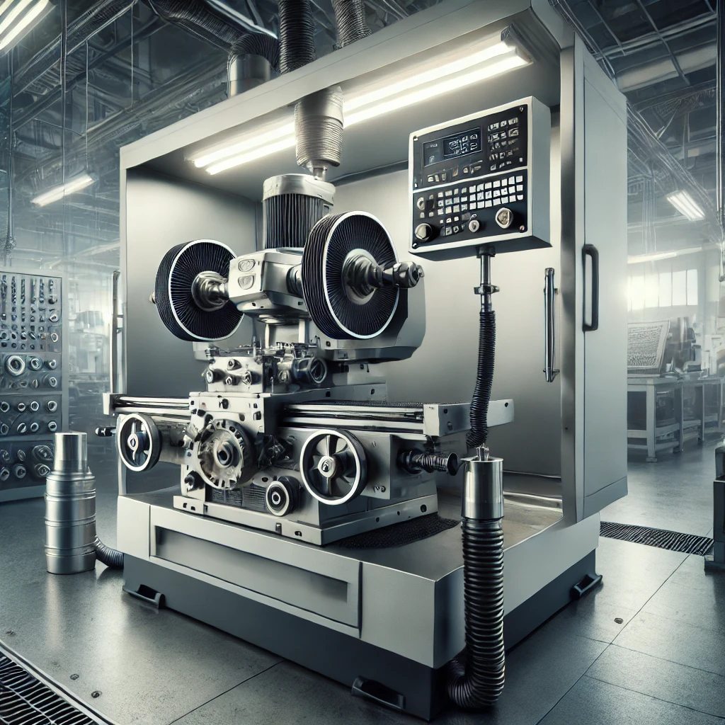 DALL·E 2025 03 20 11.06.31 A high quality image of an industrial grinding machine used for precision metalworking. The machine features dual grinding wheels coolant hoses and 
