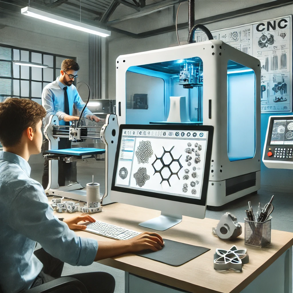 DALL·E 2025 03 20 12.23.38 A high tech design lab where engineers are working on rapid prototyping. A 3D printer is printing a product prototype while another engineer examines