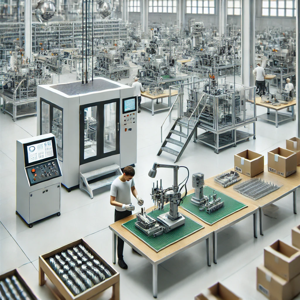 DALL·E 2025 03 20 12.23.56 A modern factory floor showcasing both small and large batch production. In the foreground workers are assembling products on a small scale productio