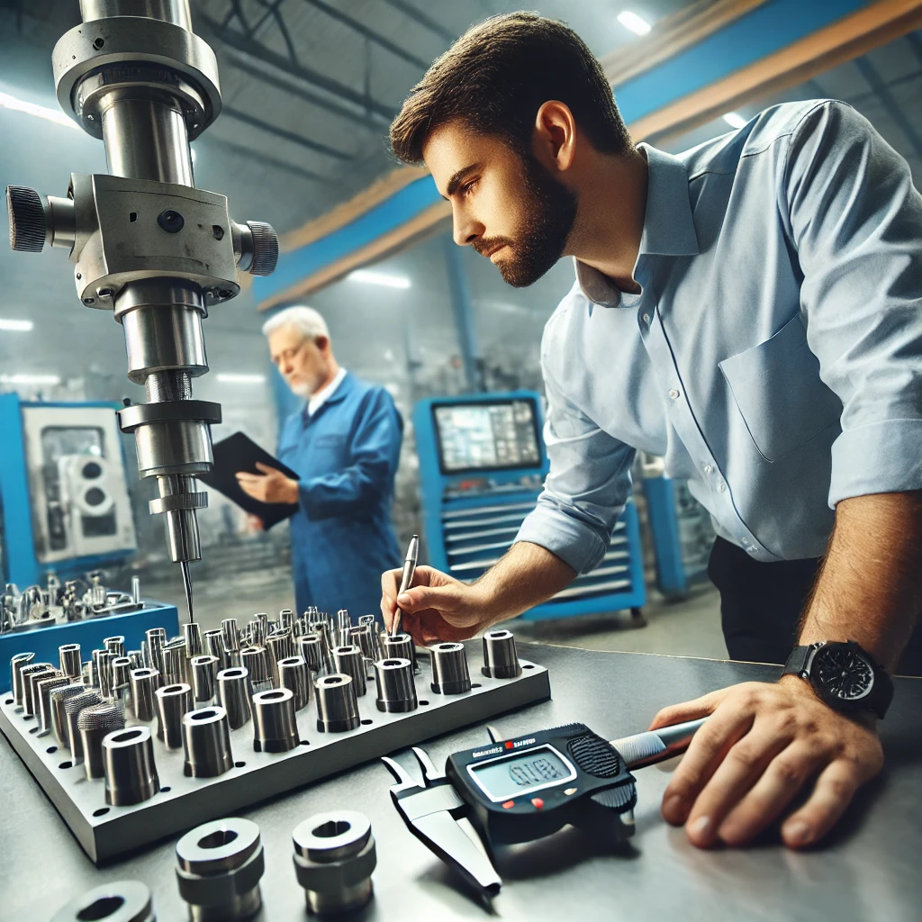 DALL·E 2025 03 20 16.15.08 A high precision dimensional and tolerance verification process in an industrial setting. Engineers are using advanced measurement tools such as micro